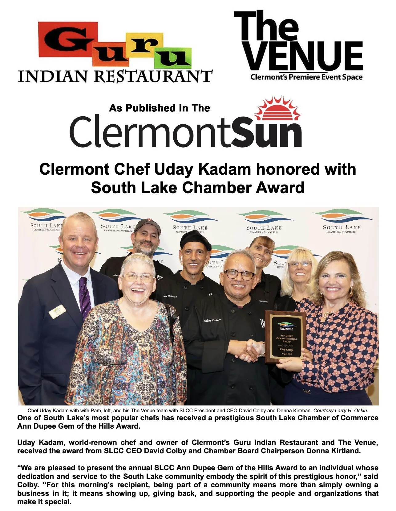Clermont Sun: Clermont Chef Uday Kadam honored with South Lake Chamber Gem of the Hills Award